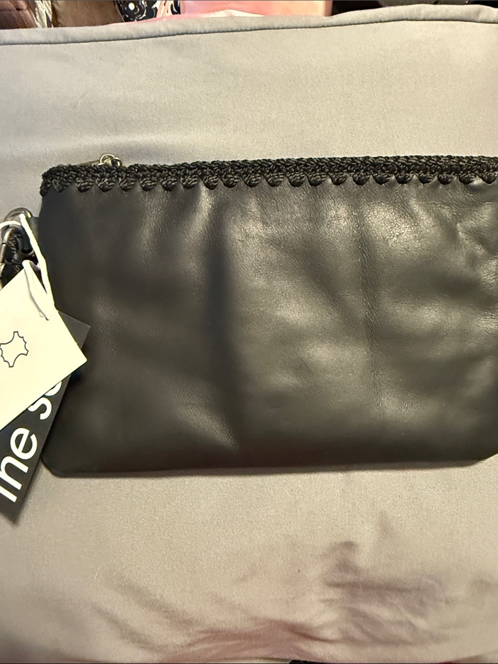The Sak - Black Leather Wristlet Clutch with Crochet Trim
